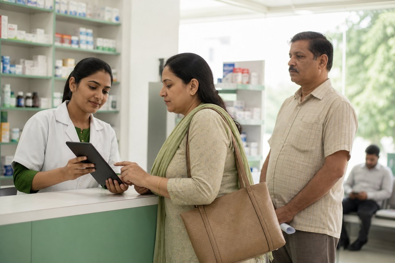 Indian clinic or pharmacy counter helping a customer with appointment or refill reminder