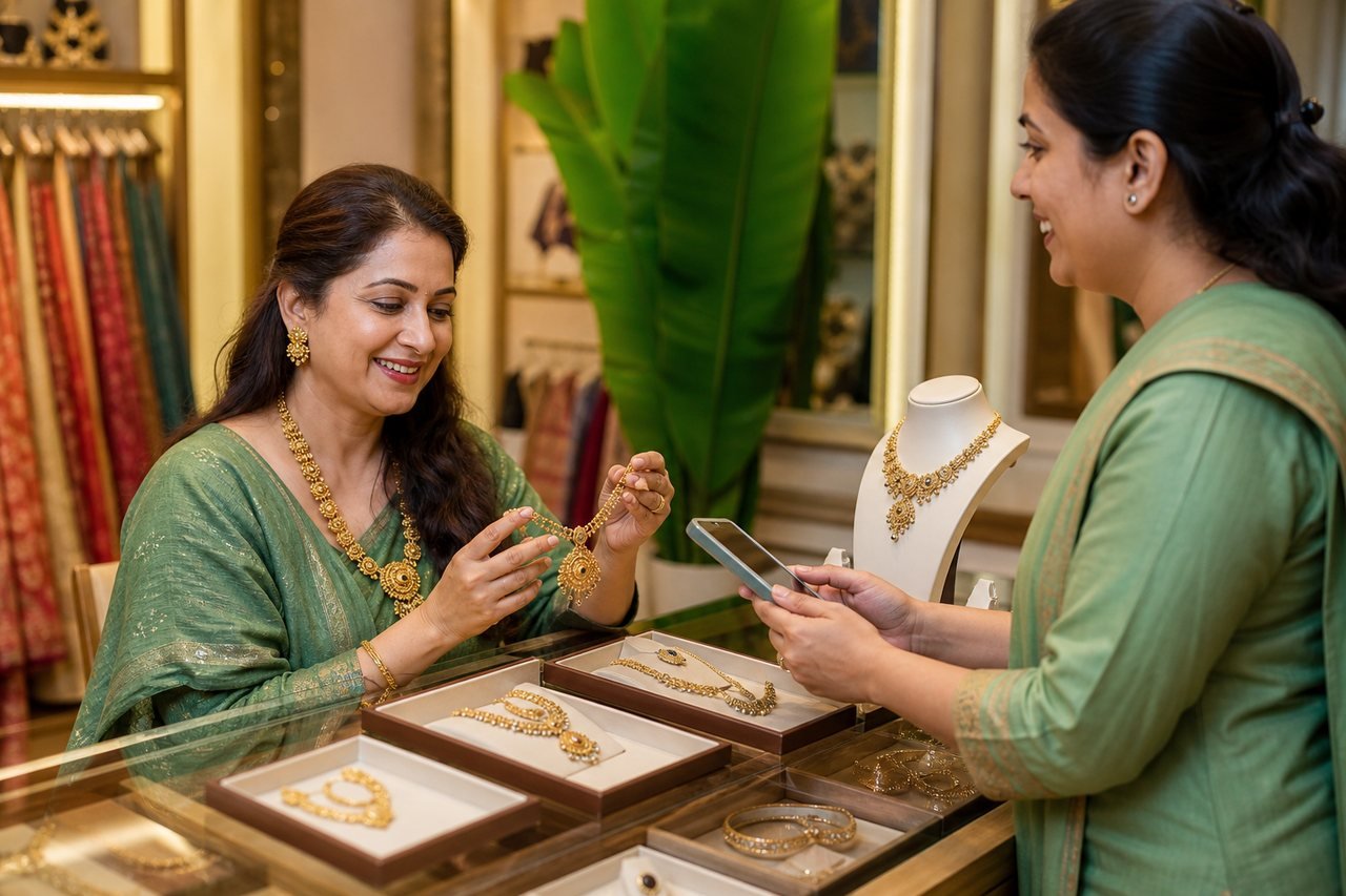 Indian jewellery store owner helping a customer with selected products