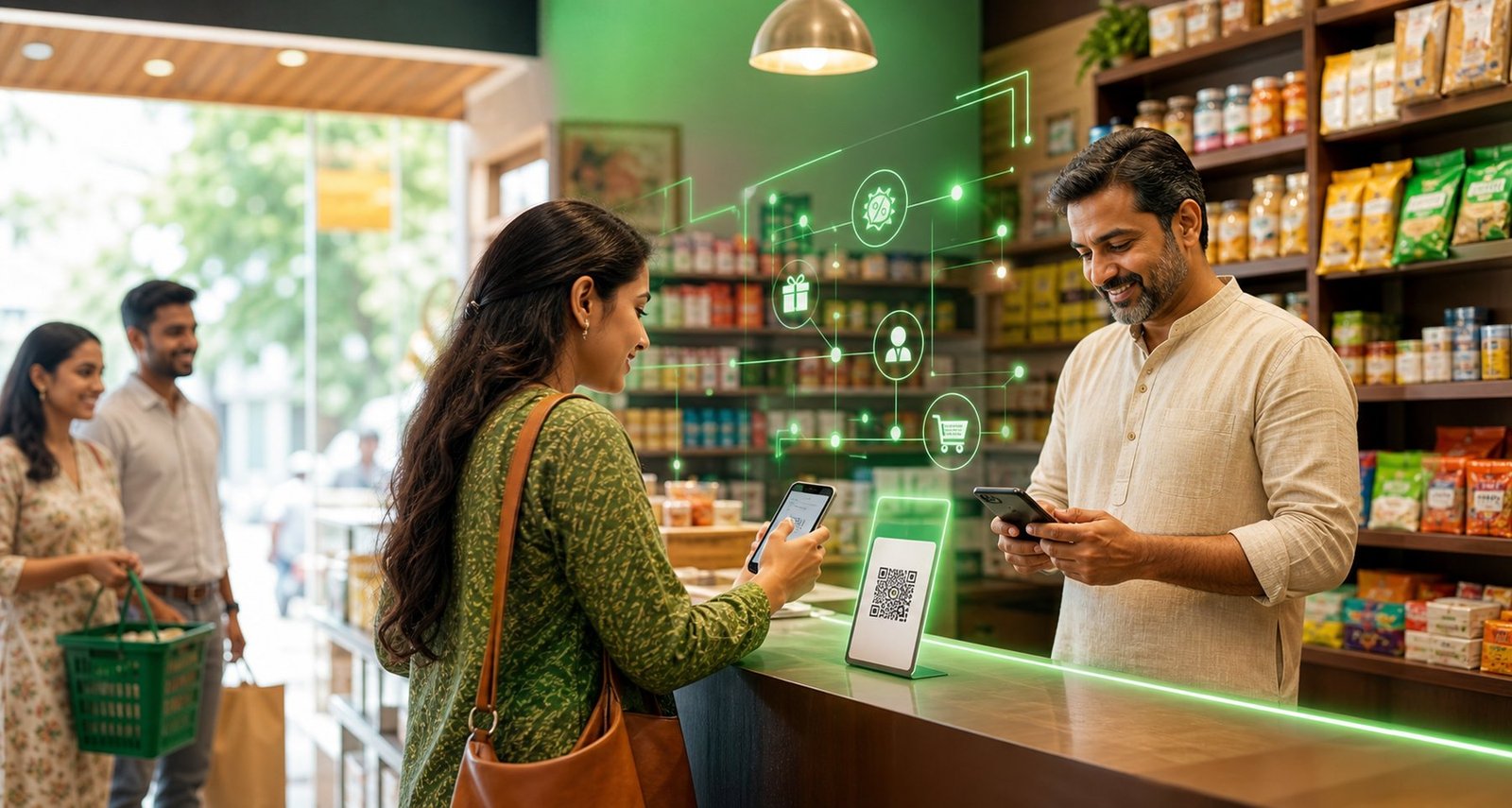 Indian local store owner helping a customer with a digital visit and rewards experience