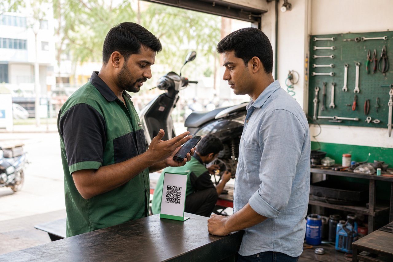 Indian mechanic explaining service details to a customer with a phone and store QR