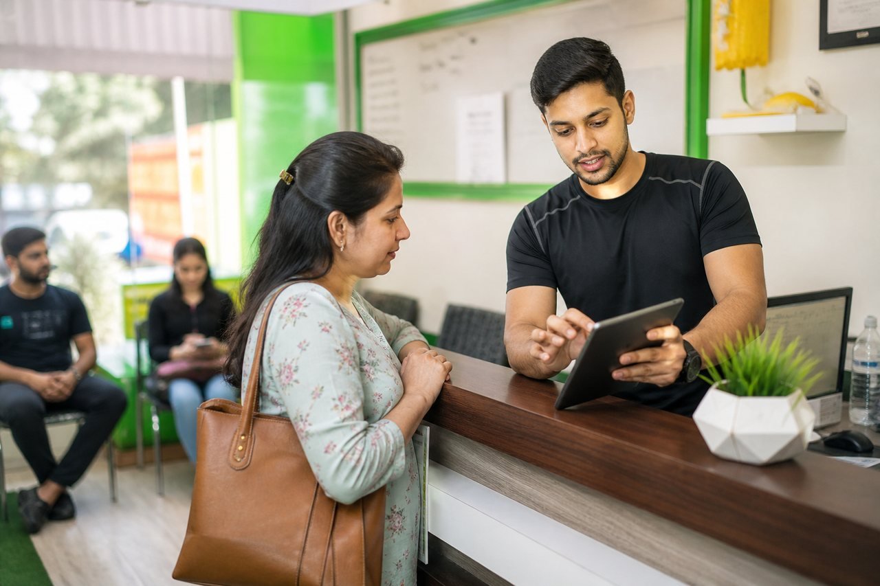 Indian coaching or fitness studio owner discussing membership with a customer