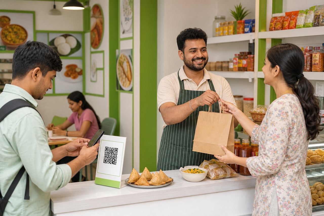 Indian cafe owner handing an order while another customer scans a store QR code