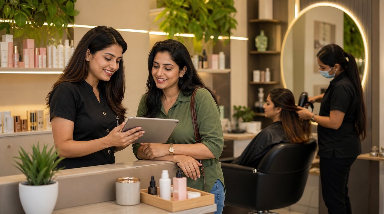 Indian salon owner showing appointment and membership details to a customer