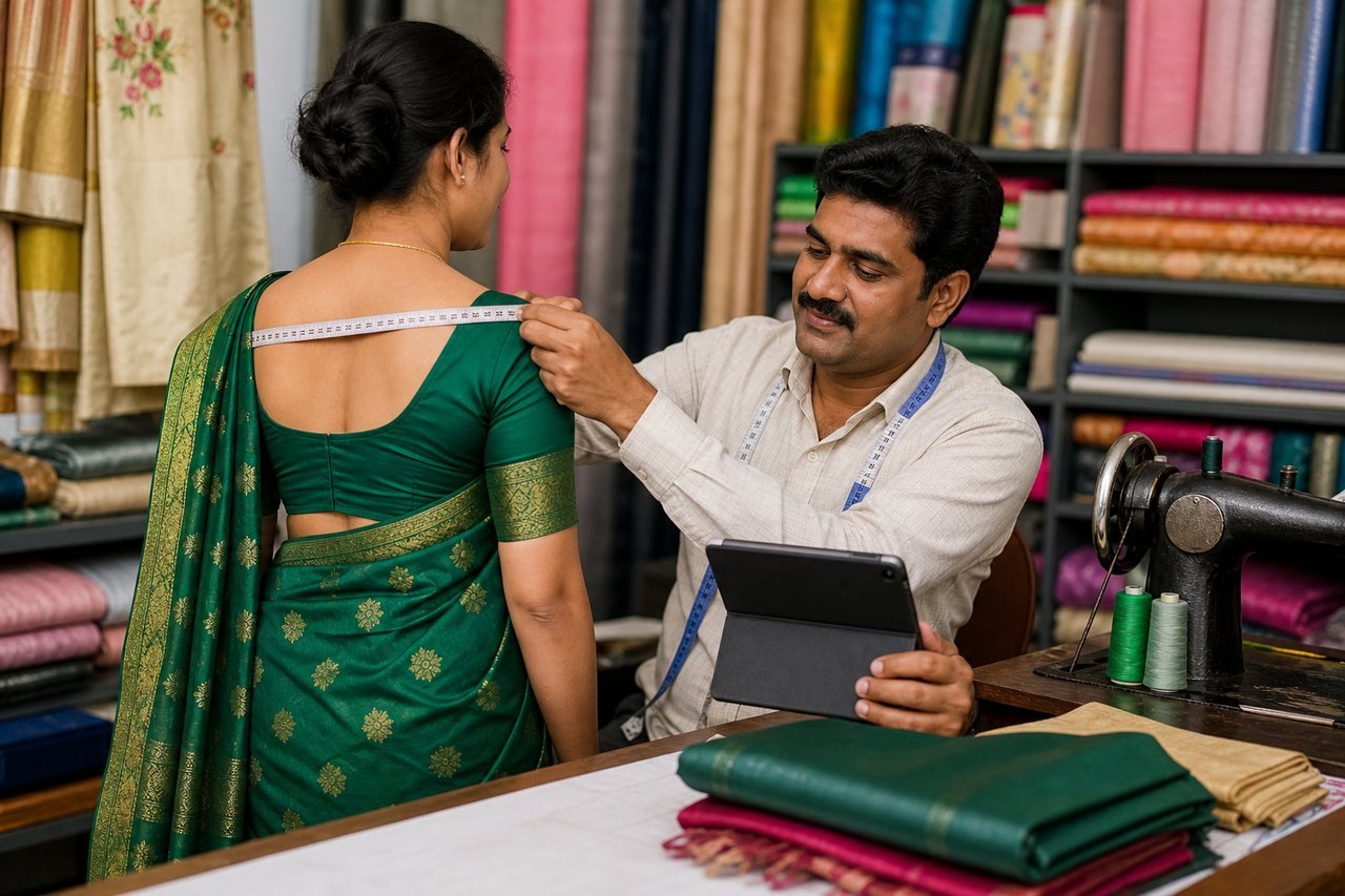 Indian tailor measuring a customer in a fabric shop while using a tablet
